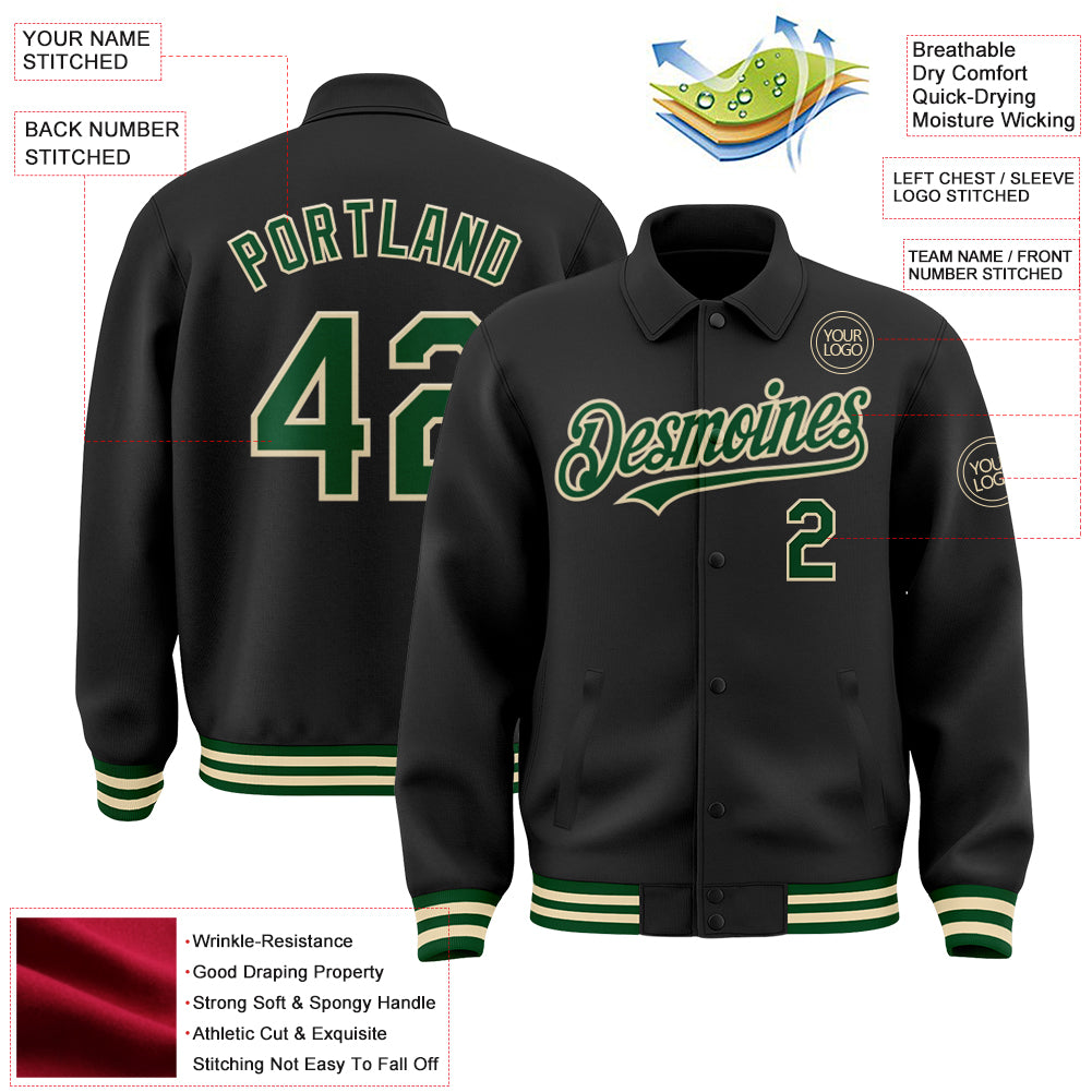 Custom Black Green-Cream Bomber Full-Snap Varsity Letterman Lapel Collar Byron Jacket