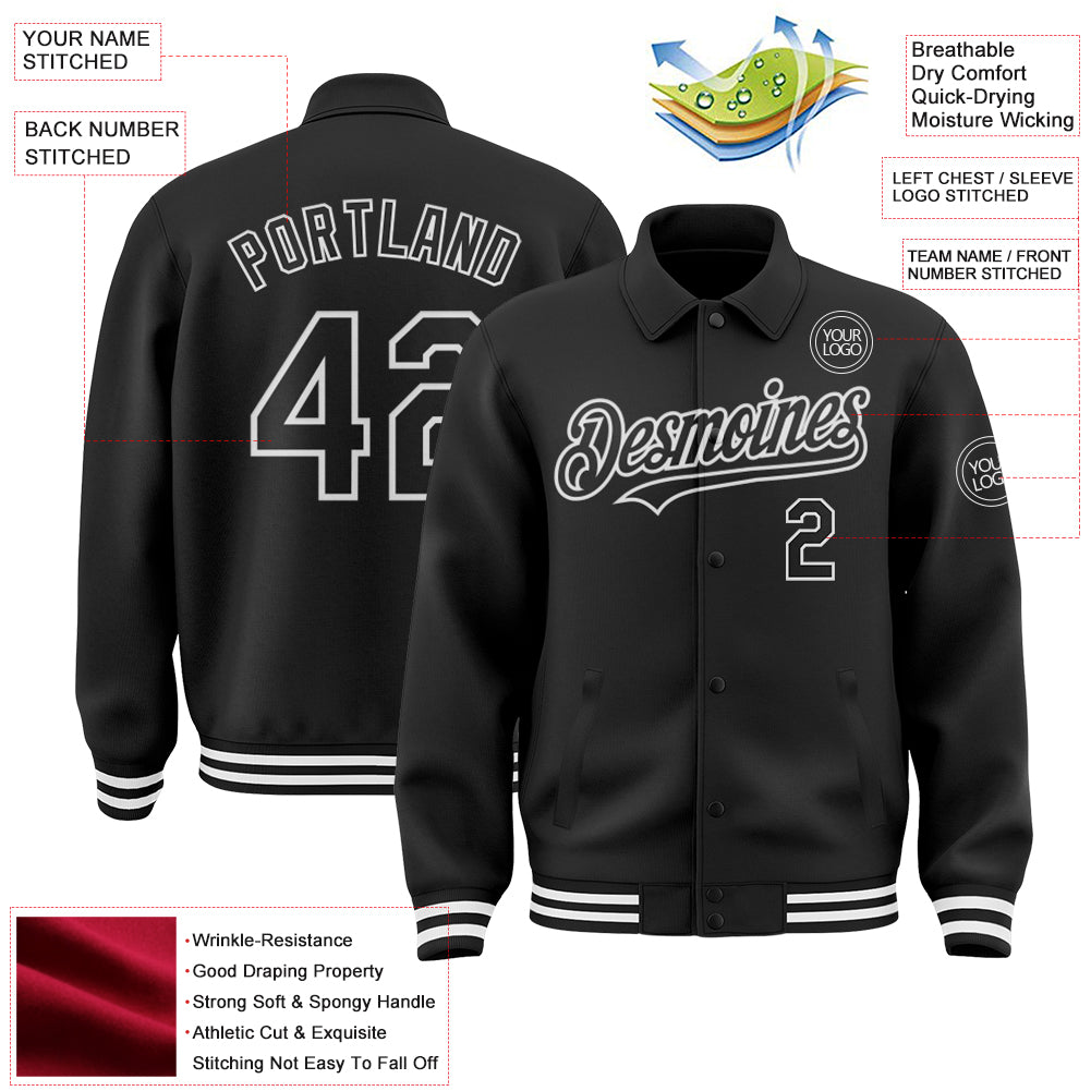 Custom Black White Bomber Full-Snap Varsity Letterman Lapel Collar Byron Jacket