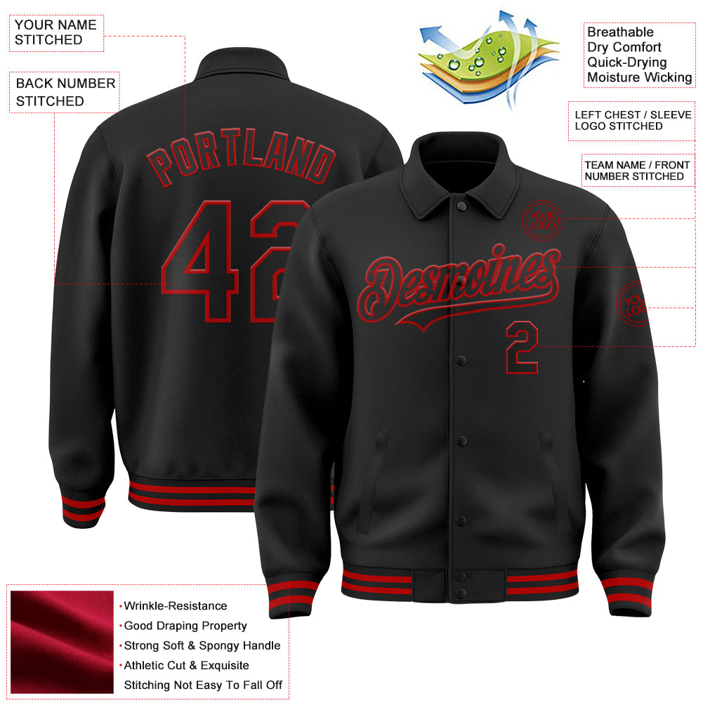 Custom Black Red Bomber Full-Snap Varsity Letterman Lapel Collar Byron Jacket