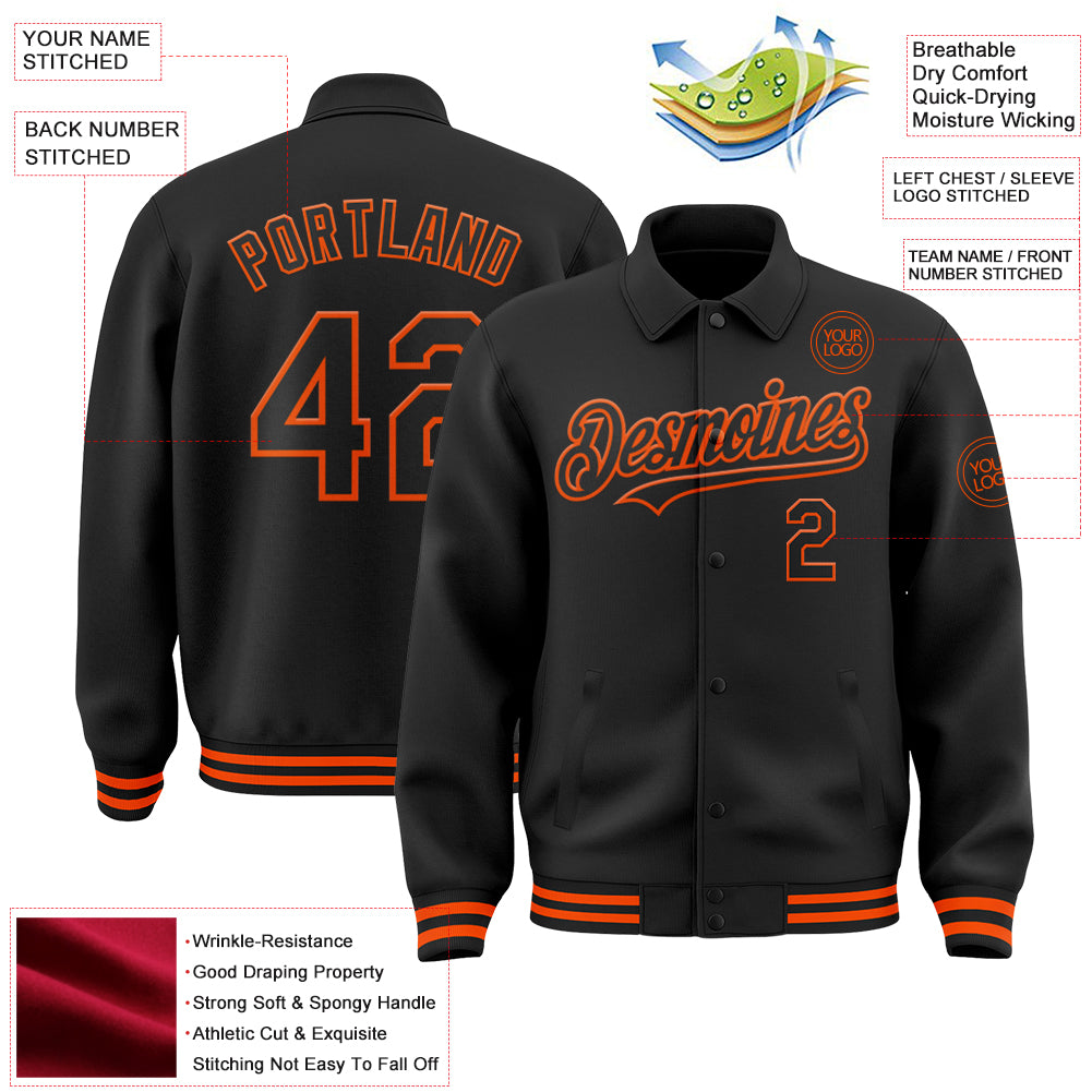 Custom Black Orange Bomber Full-Snap Varsity Letterman Lapel Collar Byron Jacket