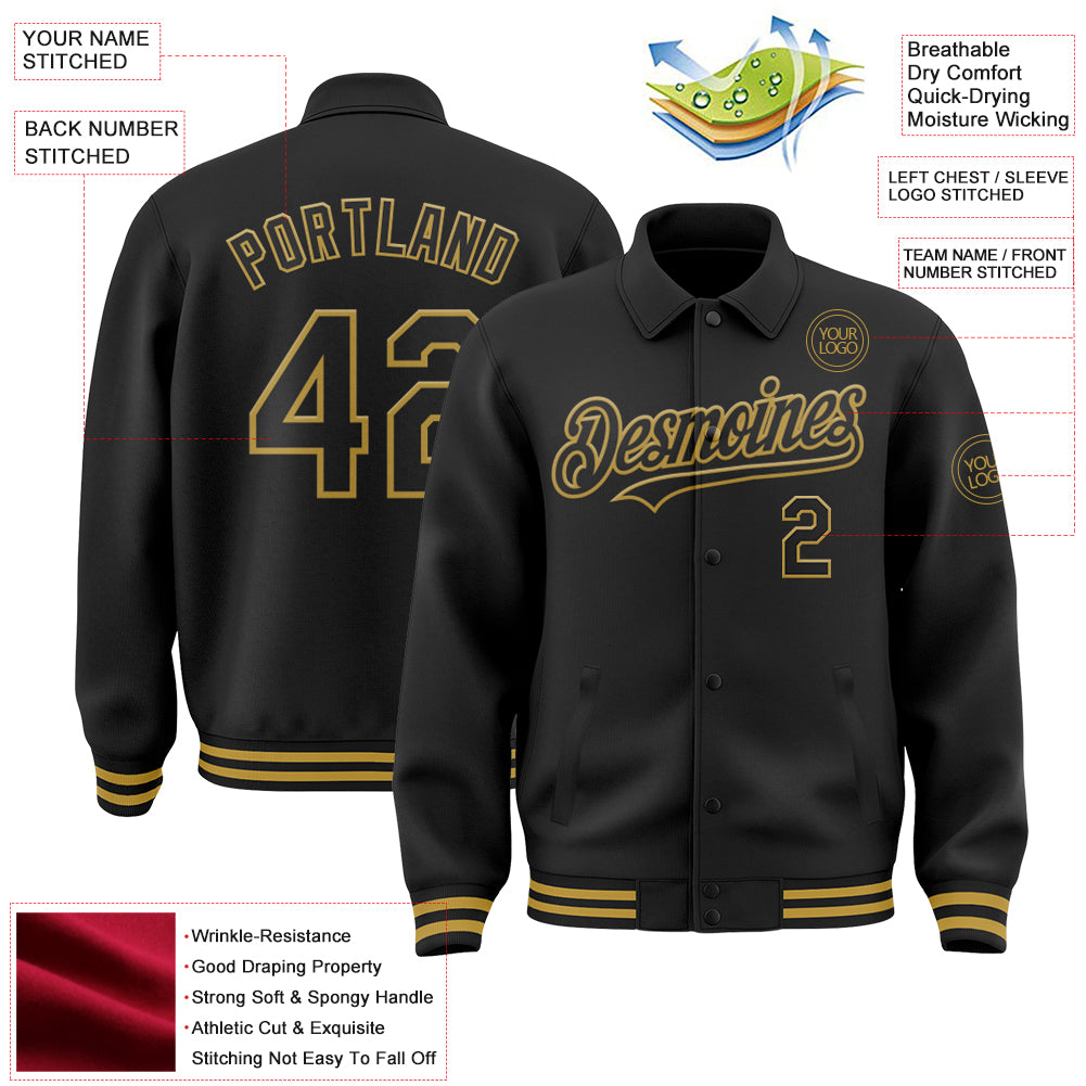 Custom Black Old Gold Bomber Full-Snap Varsity Letterman Lapel Collar Byron Jacket