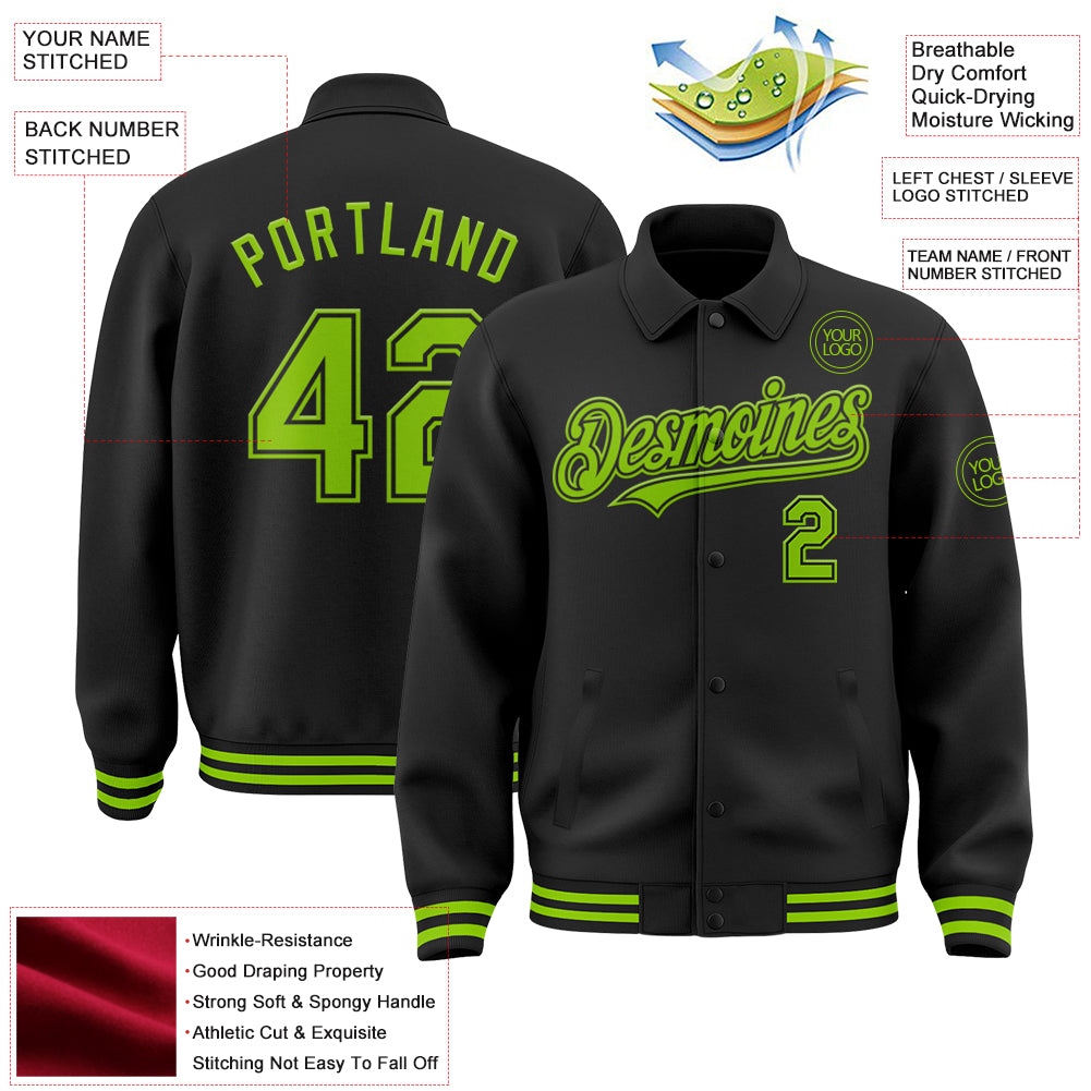 Custom Black Neon Green Bomber Full-Snap Varsity Letterman Lapel Collar Byron Jacket