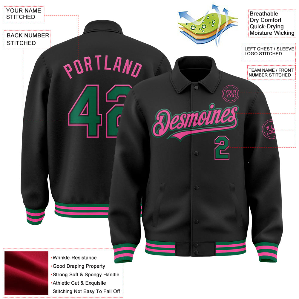 Custom Black Kelly Green-Pink Bomber Full-Snap Varsity Letterman Lapel Collar Byron Jacket