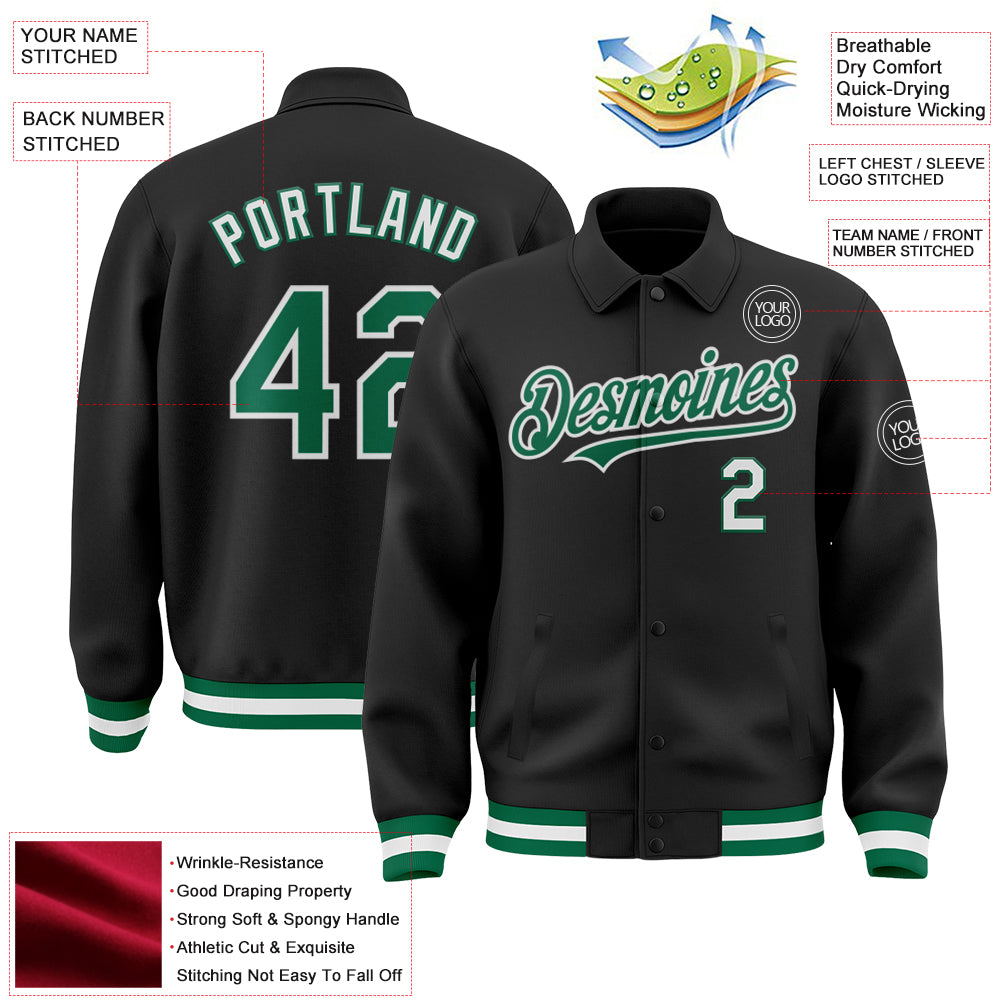 Custom Black Kelly Green-White Bomber Full-Snap Varsity Letterman Lapel Collar Byron Jacket