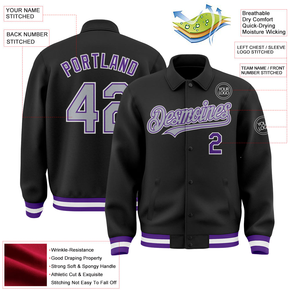 Custom Black Gray-Purple Bomber Full-Snap Varsity Letterman Lapel Collar Byron Jacket