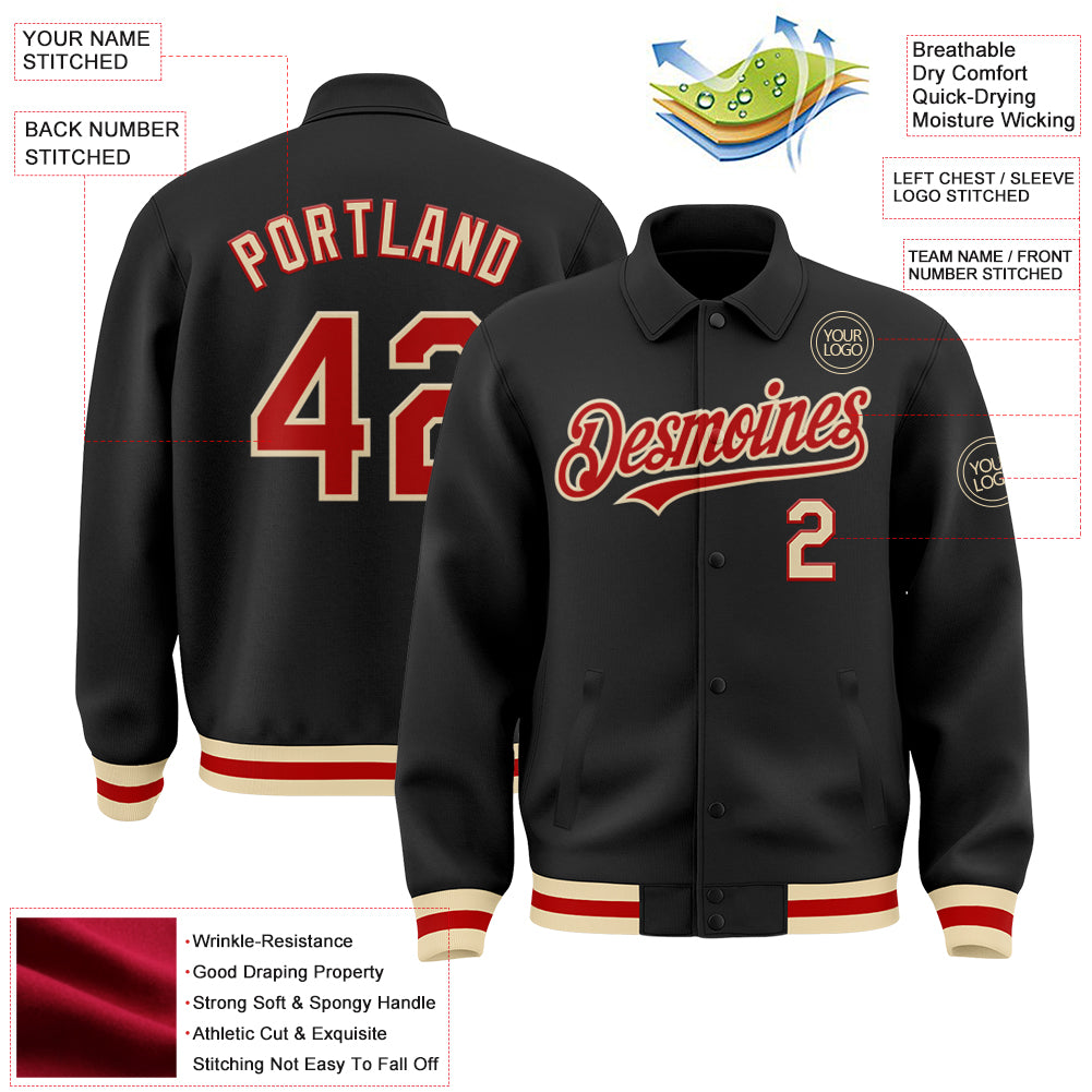 Custom Black Red-Cream Bomber Full-Snap Varsity Letterman Lapel Collar Byron Jacket