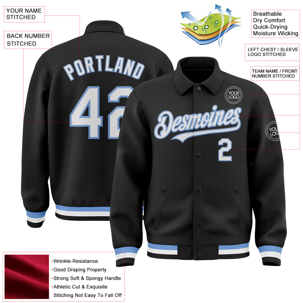 Custom Black White-Light Blue Bomber Full-Snap Varsity Letterman Lapel Collar Byron Jacket