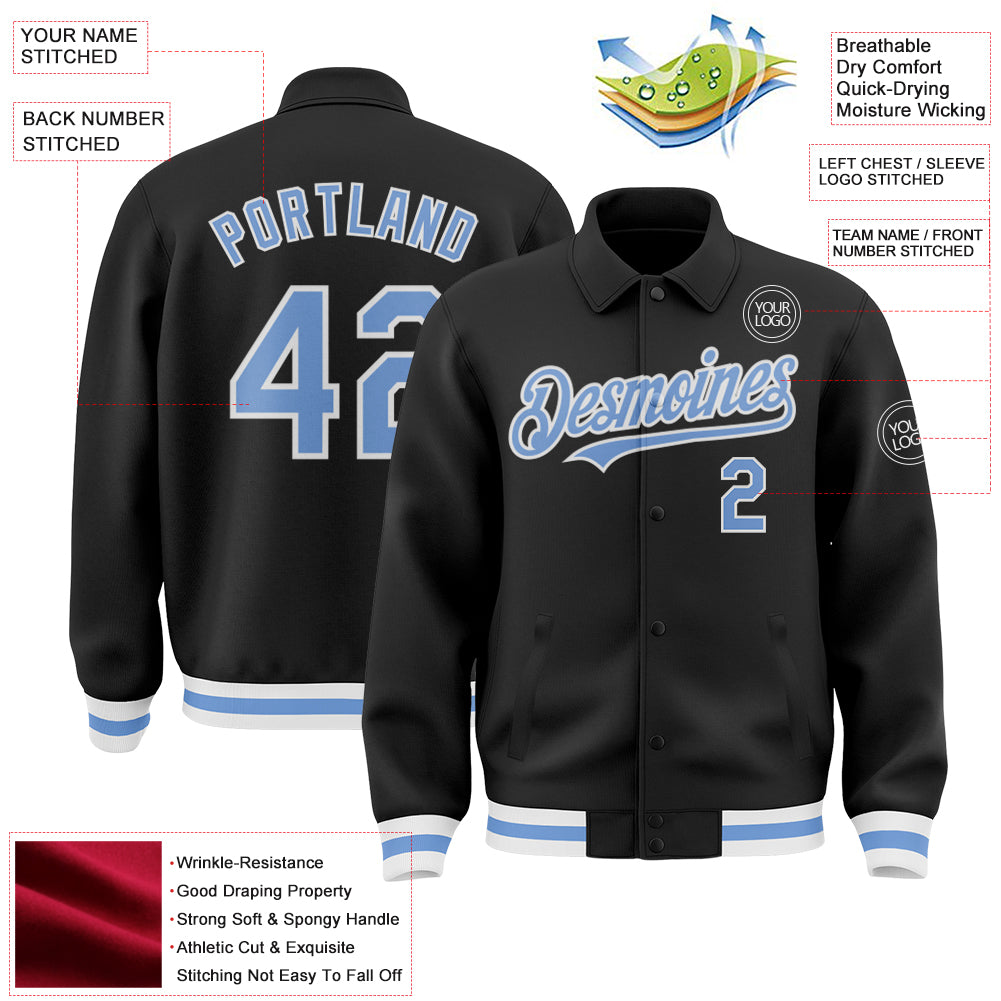 Custom Black Light Blue-White Bomber Full-Snap Varsity Letterman Lapel Collar Byron Jacket