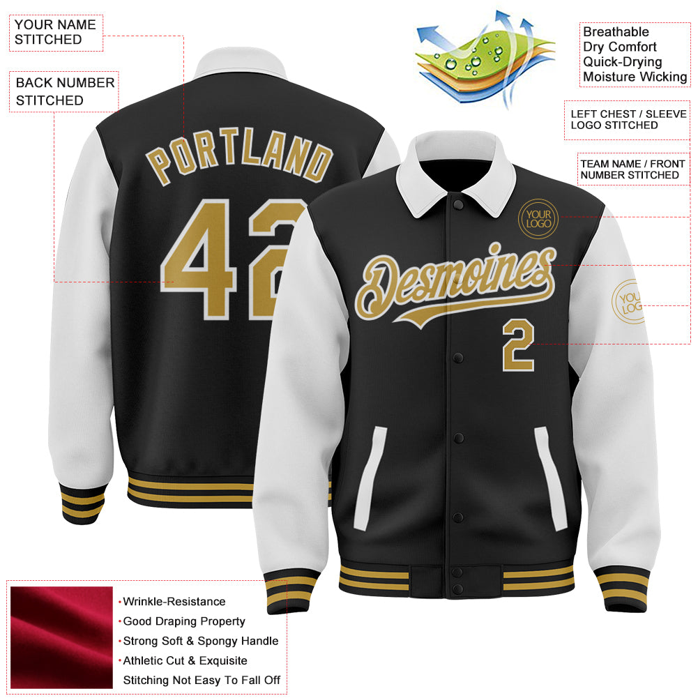 Custom Black Old Gold-White Bomber Full-Snap Varsity Letterman Two Tone Lapel Collar Byron Jacket