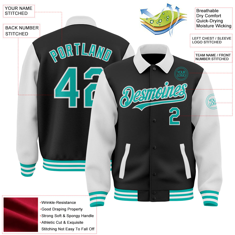 Custom Black Aqua-White Bomber Full-Snap Varsity Letterman Two Tone Lapel Collar Byron Jacket