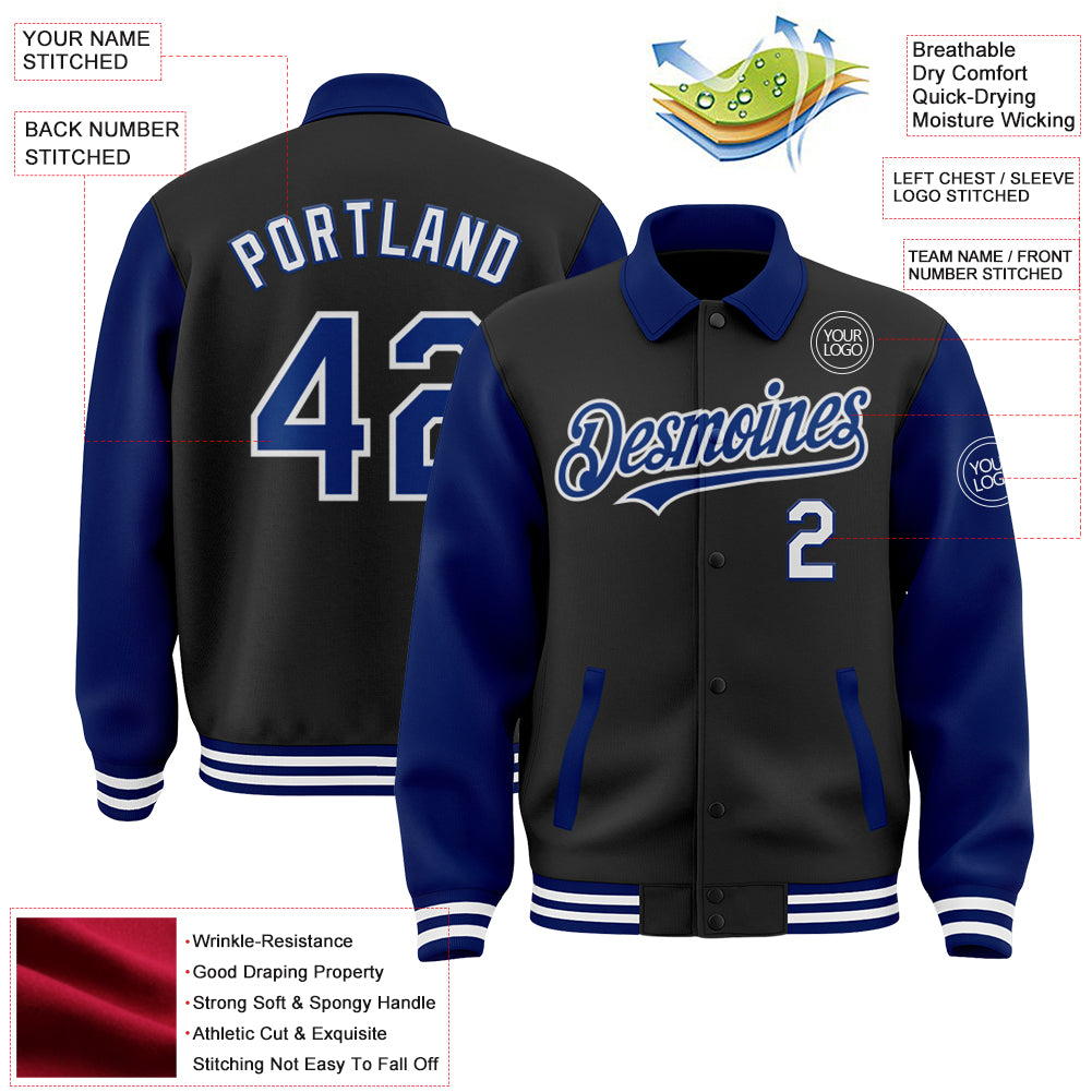 Custom Black Royal-White Bomber Full-Snap Varsity Letterman Two Tone Lapel Collar Byron Jacket