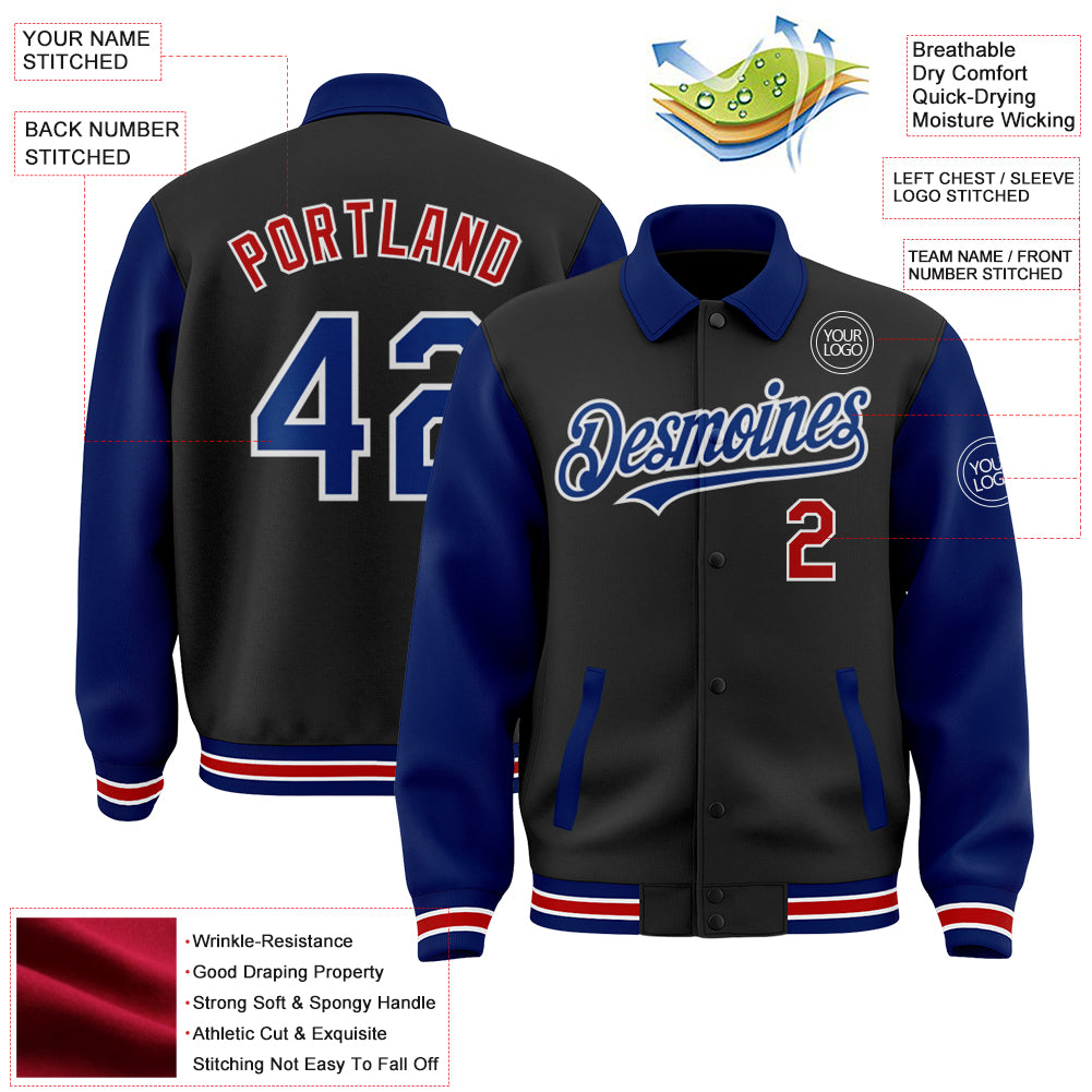 Custom Black Royal-Red Bomber Full-Snap Varsity Letterman Two Tone Lapel Collar Byron Jacket