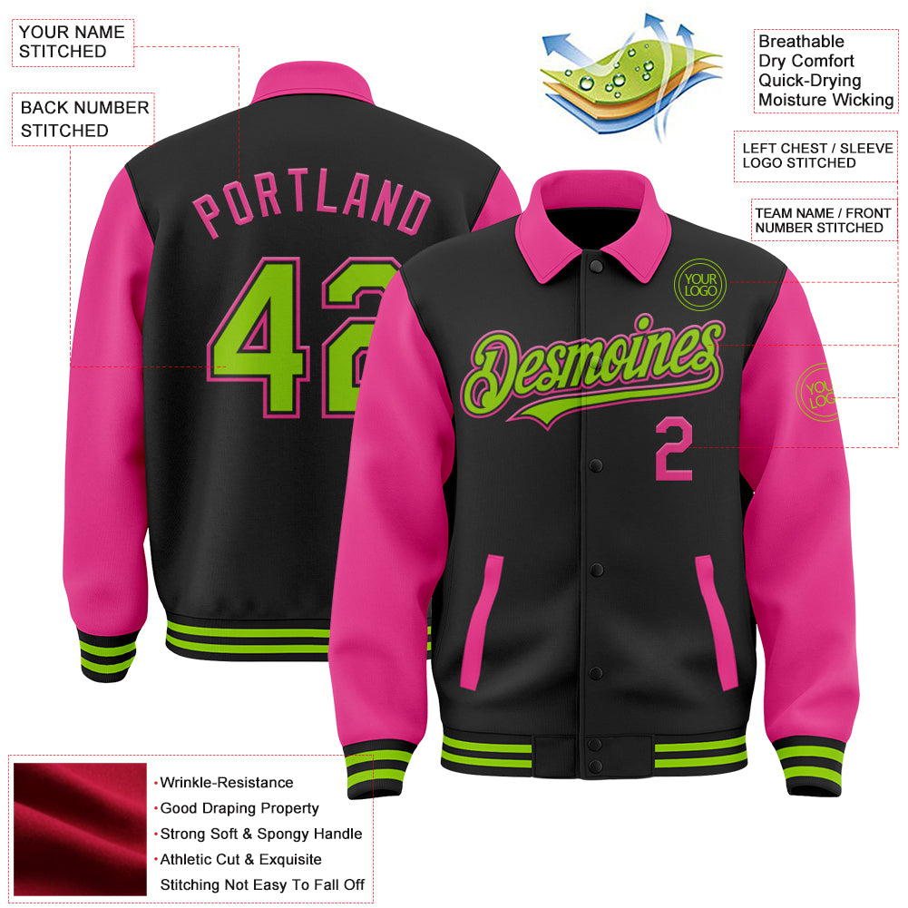 Custom Black Neon Green-Pink Bomber Full-Snap Varsity Letterman Two Tone Lapel Collar Byron Jacket