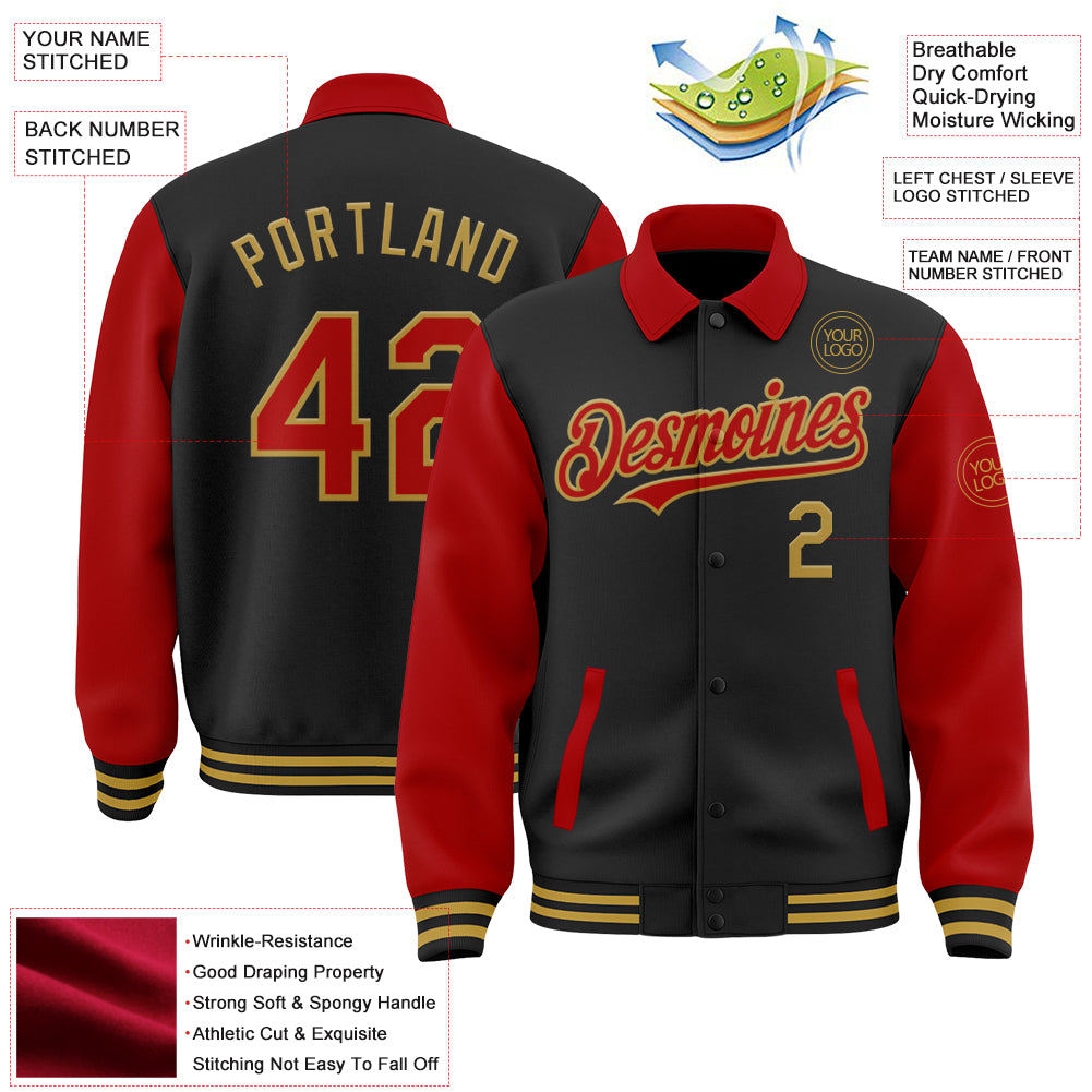 Custom Black Red-Old Gold Bomber Full-Snap Varsity Letterman Two Tone Lapel Collar Byron Jacket