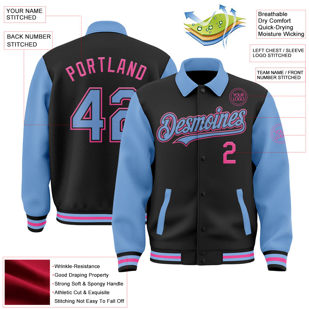 Custom Black Light Blue-Pink Bomber Full-Snap Varsity Letterman Two Tone Lapel Collar Byron Jacket