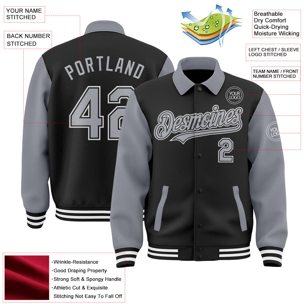 Custom Black Gray-White Bomber Full-Snap Varsity Letterman Two Tone Lapel Collar Byron Jacket