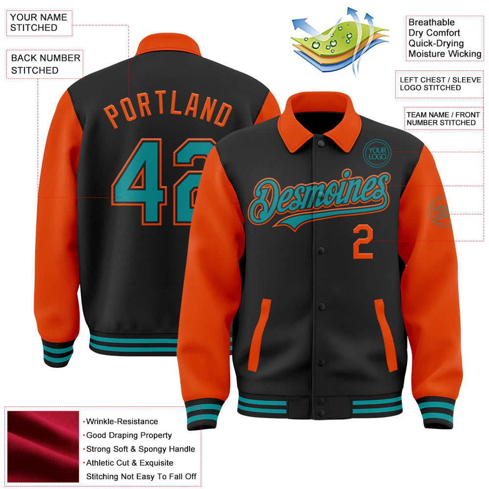 Custom Black Teal-Orange Bomber Full-Snap Varsity Letterman Two Tone Lapel Collar Byron Jacket