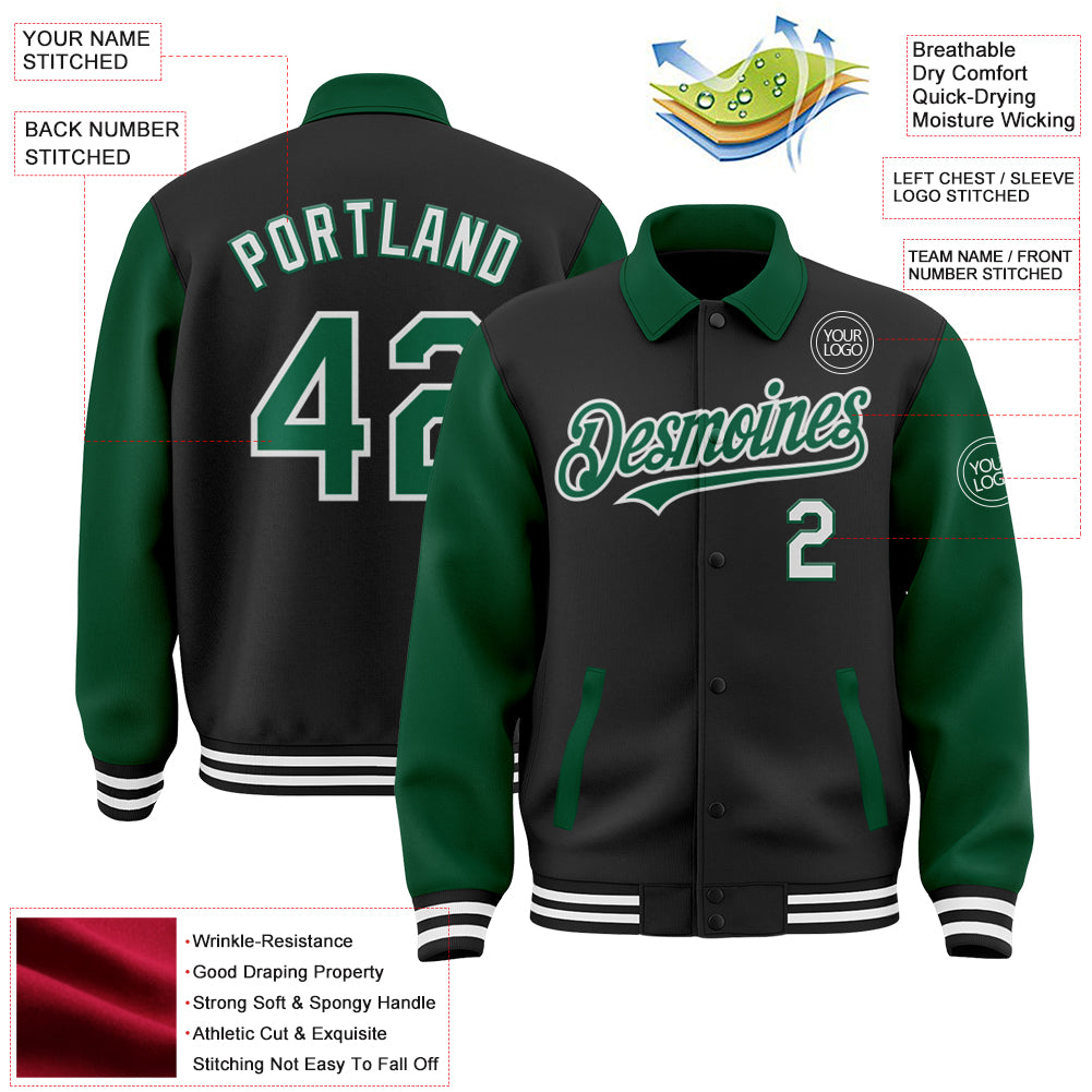 Custom Black Kelly Green-White Bomber Full-Snap Varsity Letterman Two Tone Lapel Collar Byron Jacket