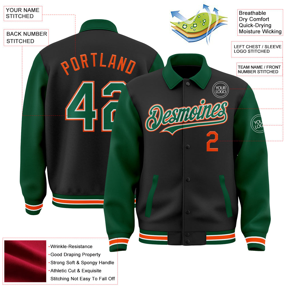 Custom Black Kelly Green-Orange Bomber Full-Snap Varsity Letterman Two Tone Lapel Collar Byron Jacket