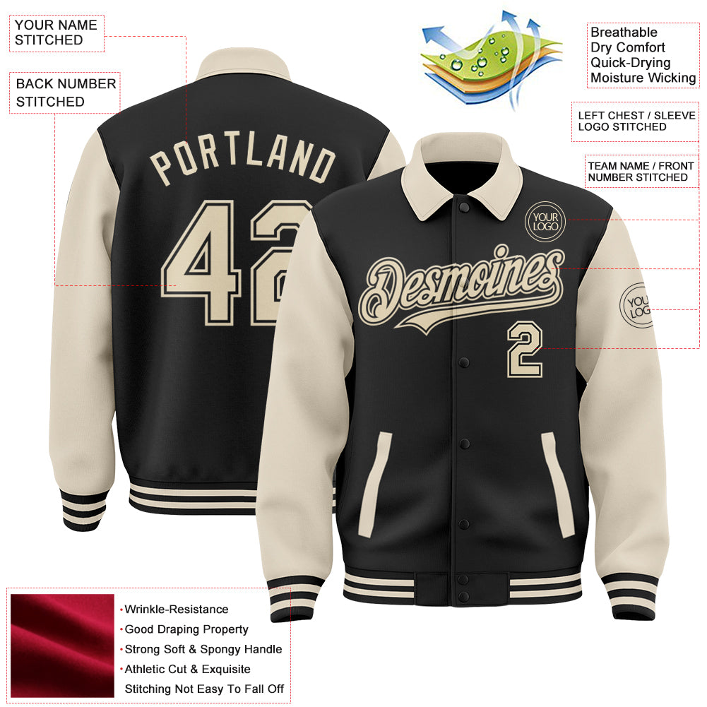 Custom Black Cream Bomber Full-Snap Varsity Letterman Two Tone Lapel Collar Byron Jacket