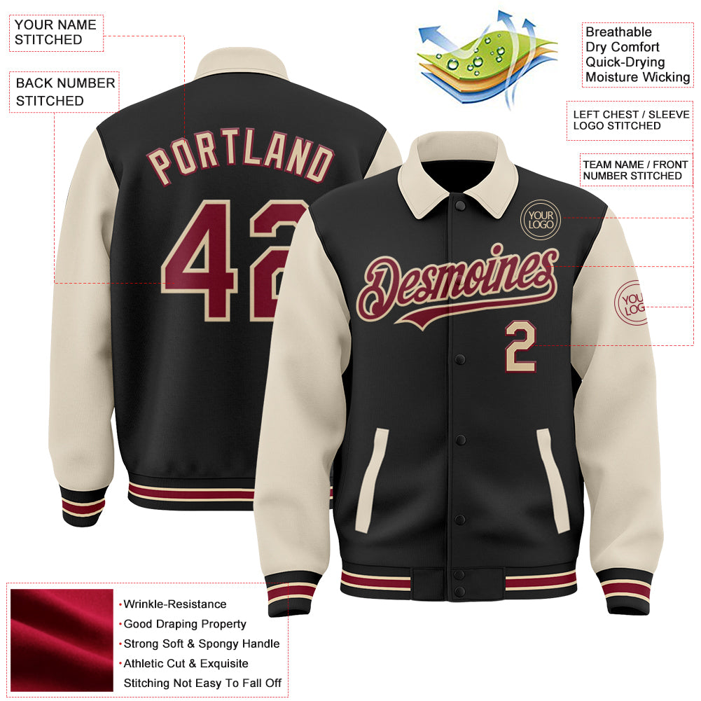 Custom Black Crimson Cream-City Cream Bomber Full-Snap Varsity Letterman Two Tone Lapel Collar Byron Jacket