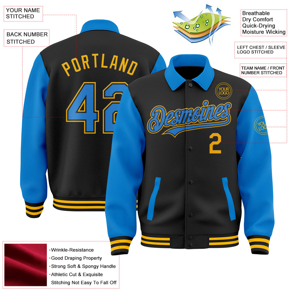 Custom Black Powder Blue-Gold Bomber Full-Snap Varsity Letterman Two Tone Lapel Collar Byron Jacket