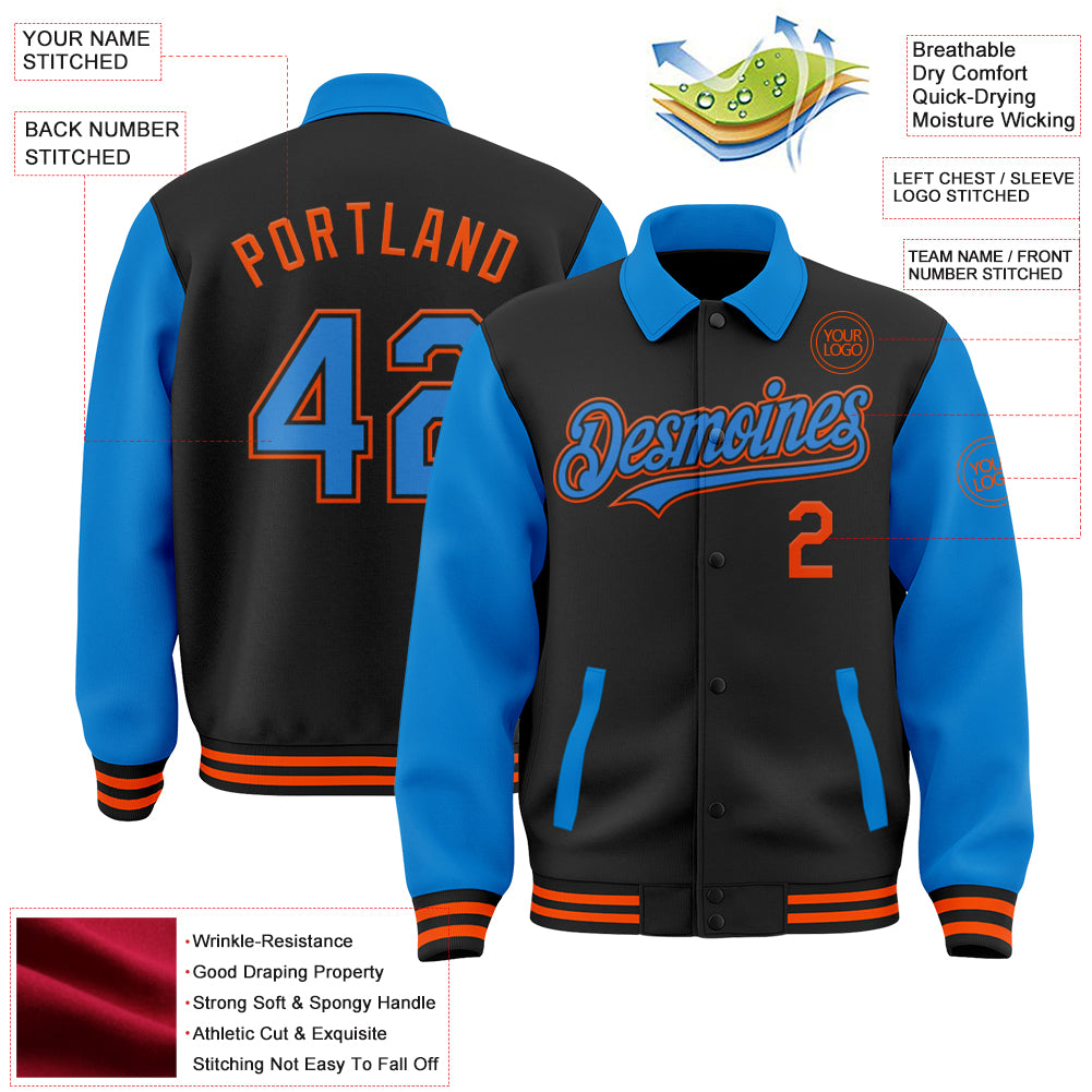 Custom Black Powder Blue-Orange Bomber Full-Snap Varsity Letterman Two Tone Lapel Collar Byron Jacket