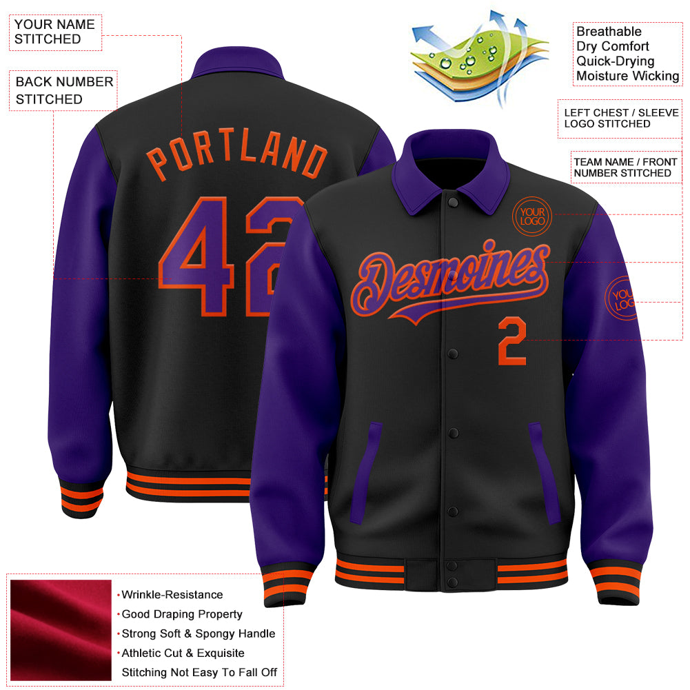 Custom Black Purple-Orange Bomber Full-Snap Varsity Letterman Two Tone Lapel Collar Byron Jacket