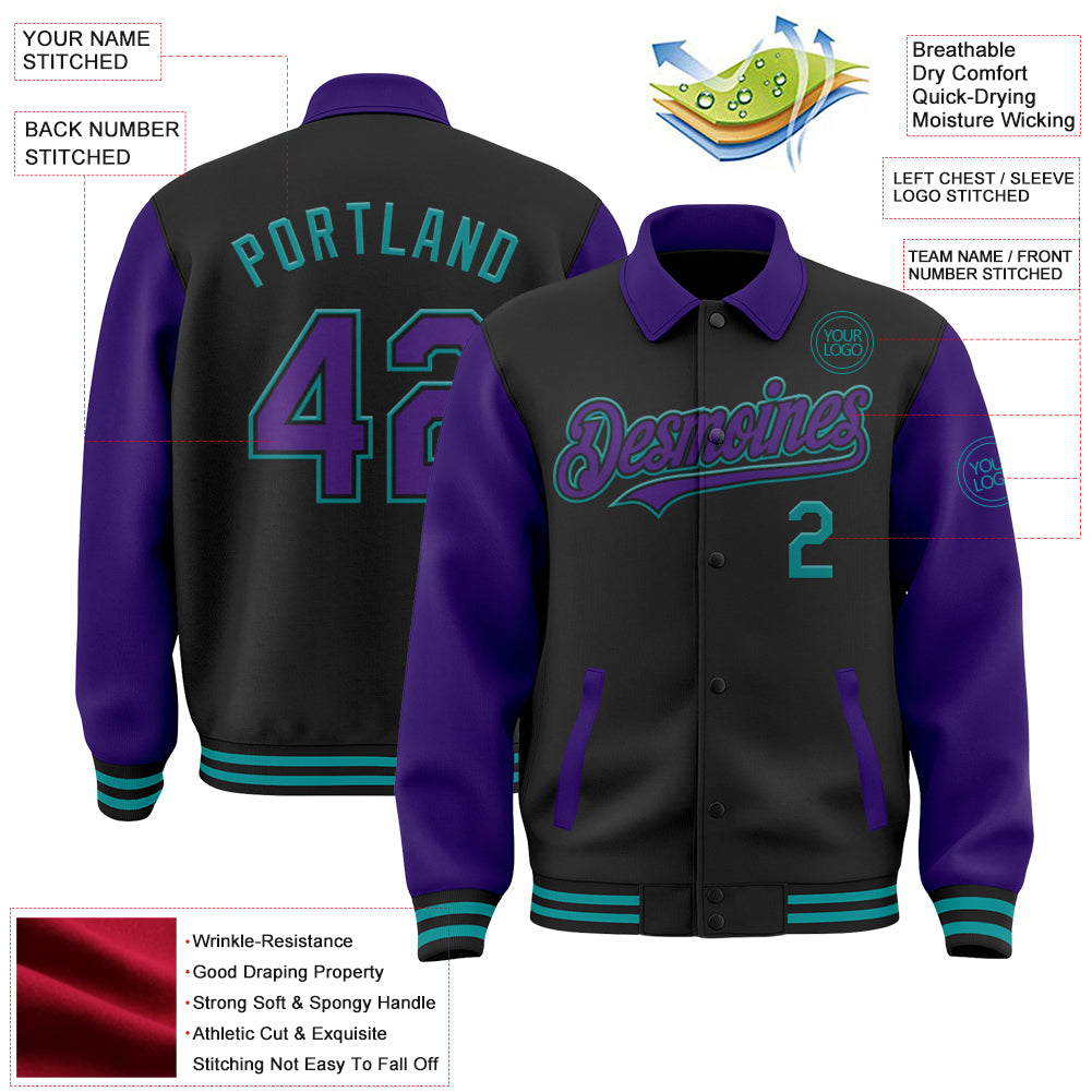 Custom Black Purple-Teal Bomber Full-Snap Varsity Letterman Two Tone Lapel Collar Byron Jacket