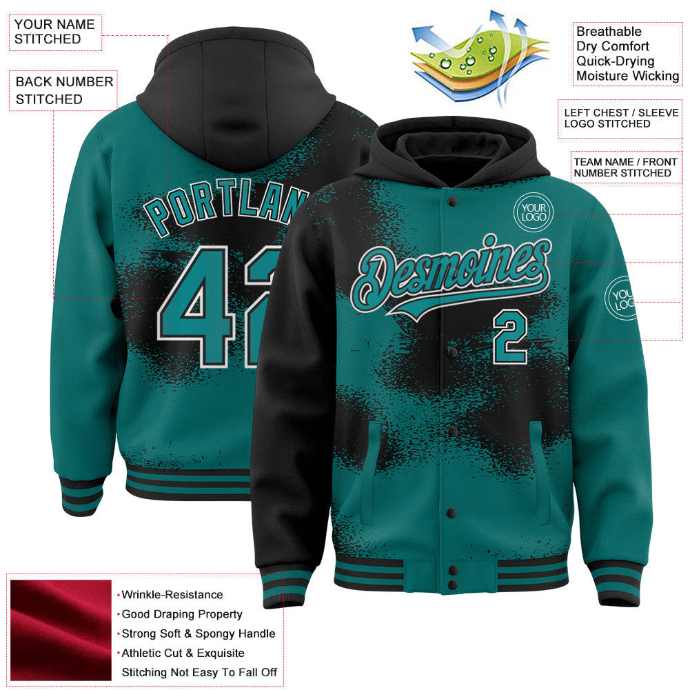 Custom Teal Black-White Abstract Color Blocks Fragment Art 3D Pattern Design Bomber Full-Snap Varsity Letterman Hoodie Jacket