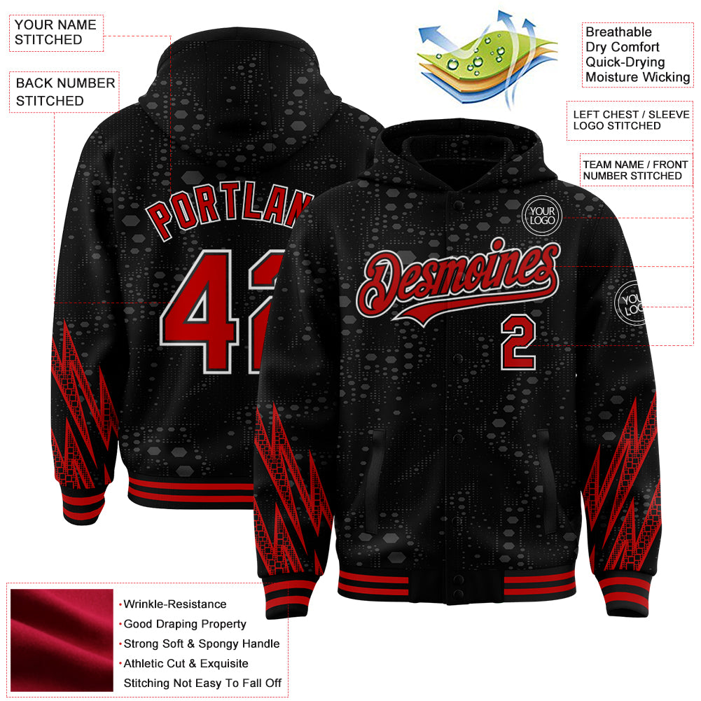 Custom Black Red-White Geometric Shape 3D Pattern Design Bomber Full-Snap Varsity Letterman Hoodie Jacket