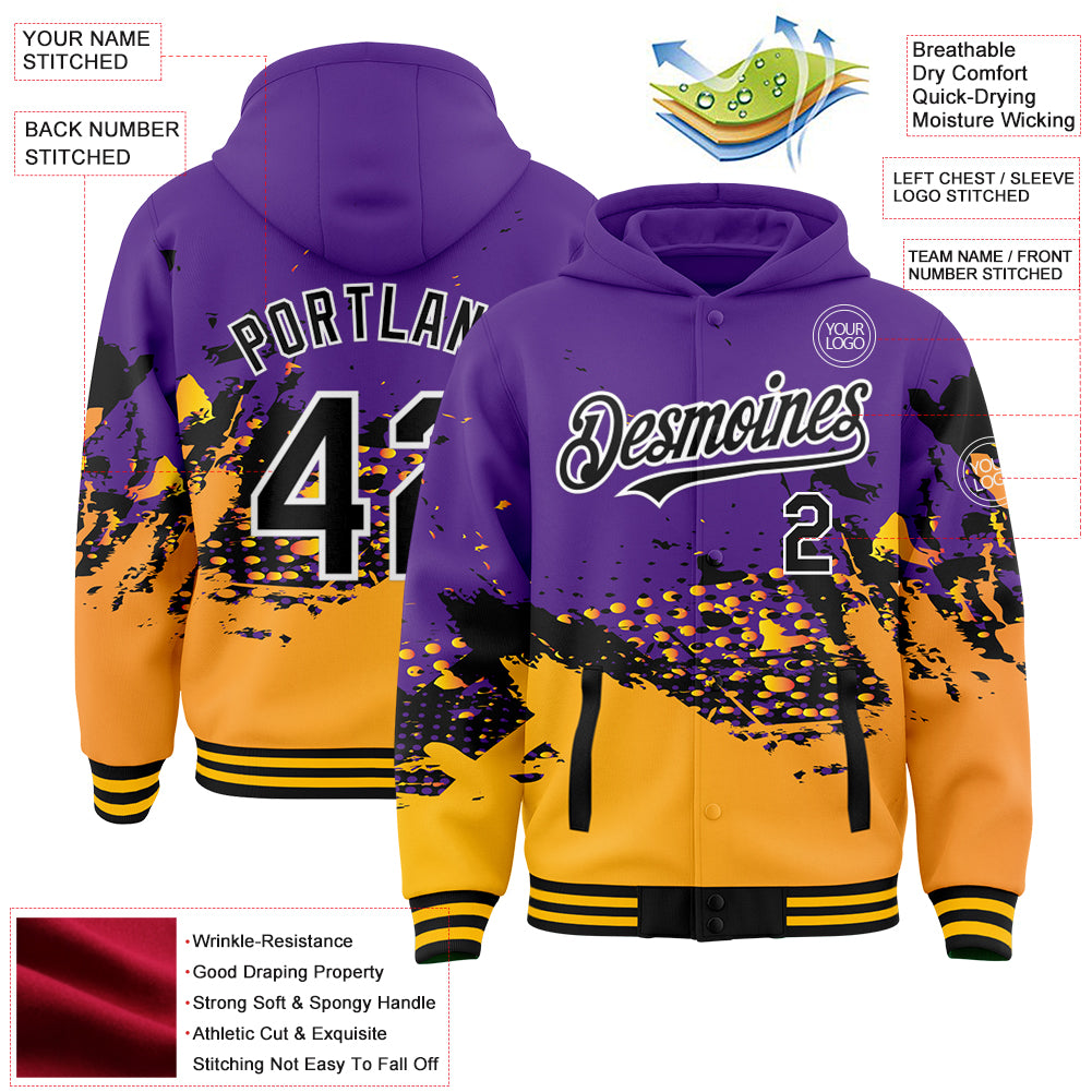 Custom Purple Gold-Black Abstract Splash Grunge Art 3D Pattern Design Bomber Full-Snap Varsity Letterman Hoodie Jacket