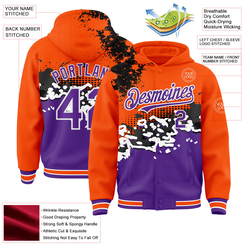 Custom Orange Purple-Black Abstract Splash Grunge Art 3D Pattern Design Bomber Full-Snap Varsity Letterman Hoodie Jacket