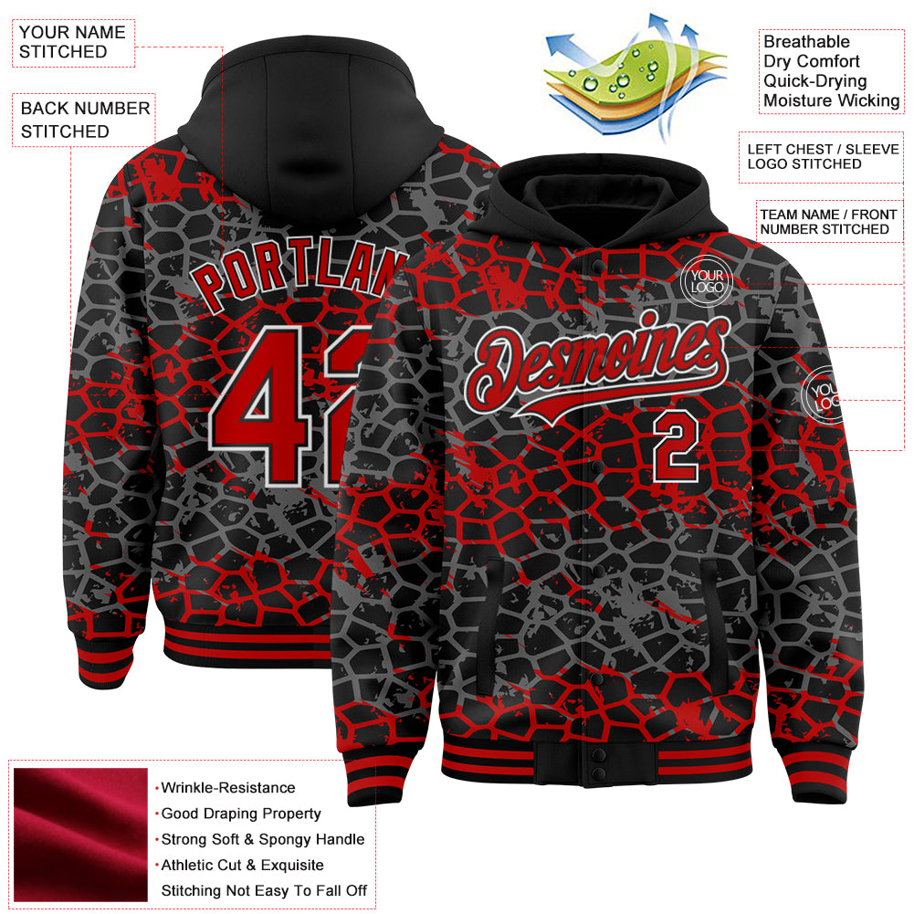 Custom Black Red-White Abstract Network 3D Pattern Design Bomber Full-Snap Varsity Letterman Hoodie Jacket