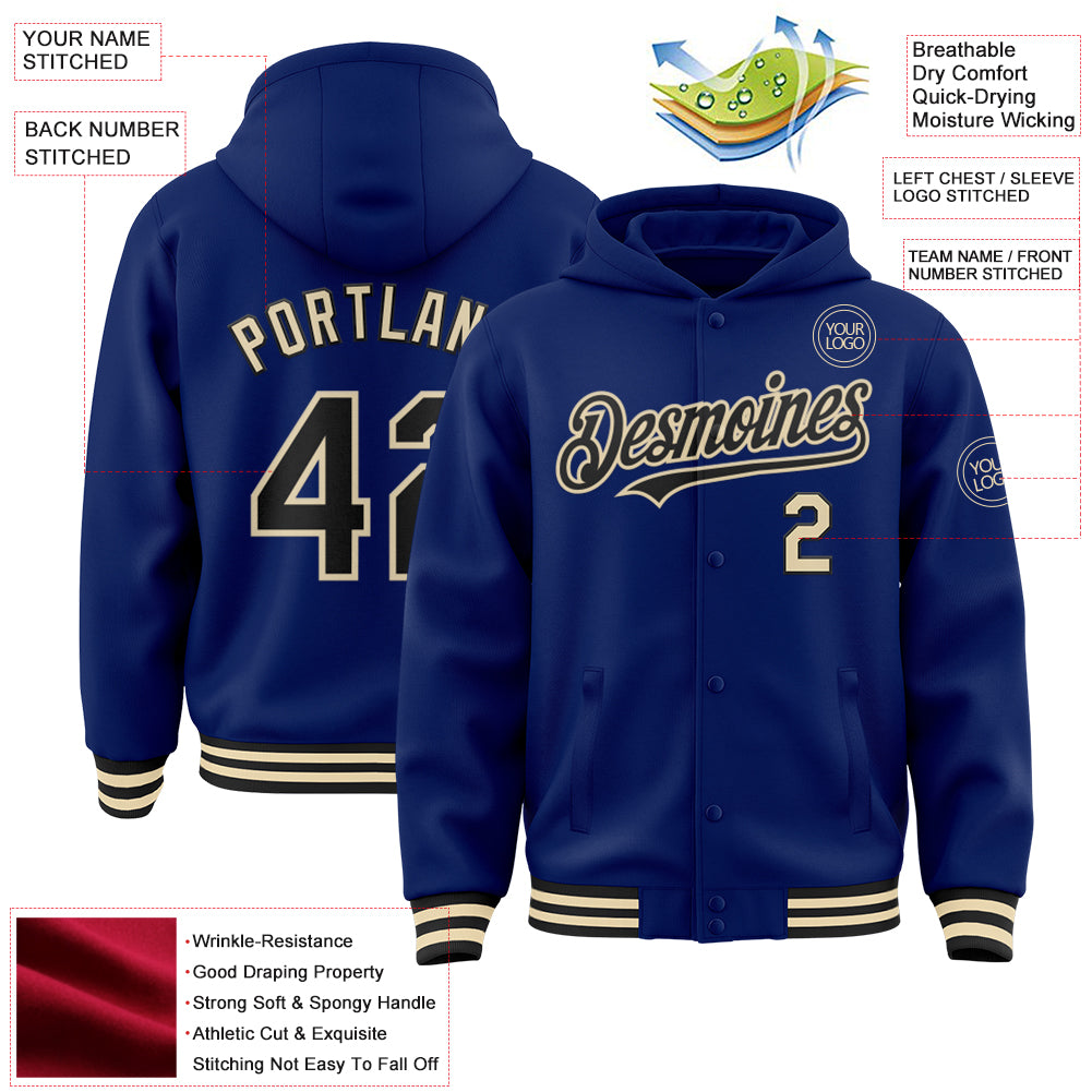 Custom Royal Black-Cream Bomber Full-Snap Varsity Letterman Hoodie Jacket