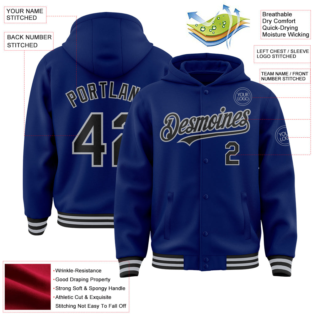 Custom Royal Black-Gray Bomber Full-Snap Varsity Letterman Hoodie Jacket