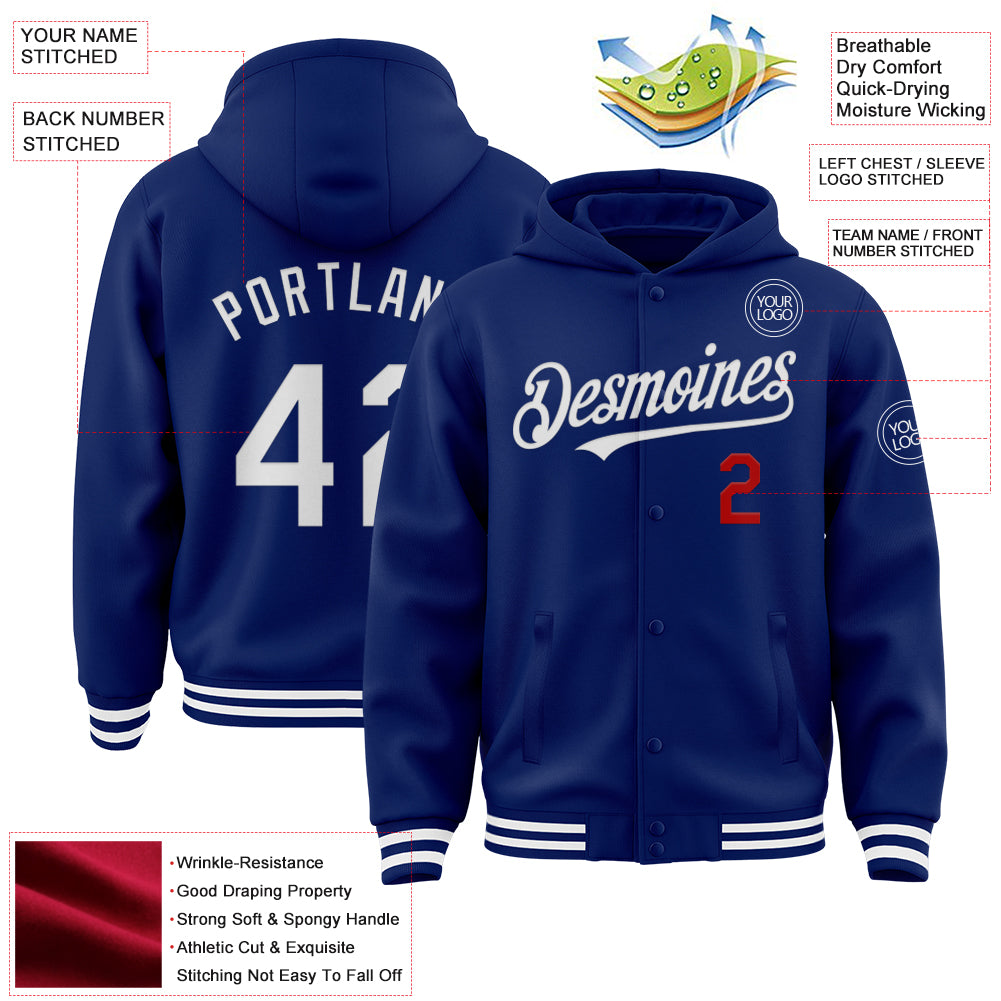 Custom Royal White-Red Bomber Full-Snap Varsity Letterman Hoodie Jacket