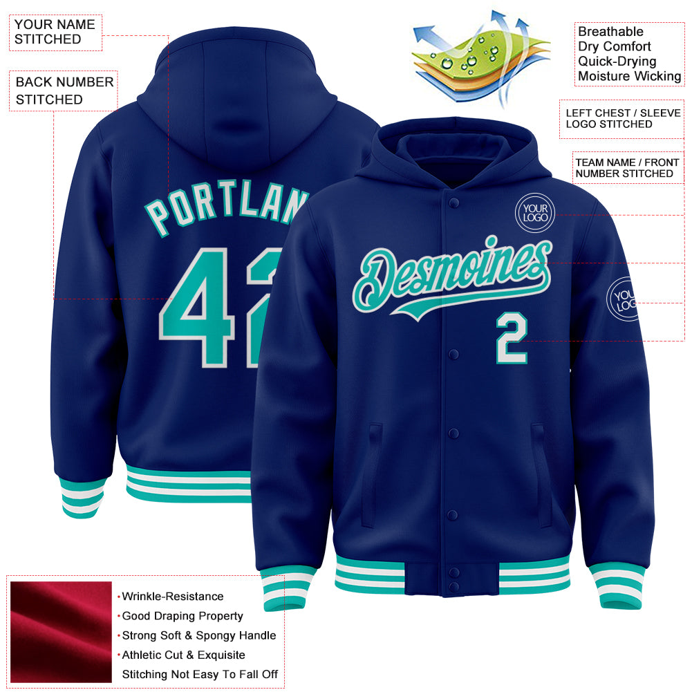 Custom Royal Aqua-White Bomber Full-Snap Varsity Letterman Hoodie Jacket