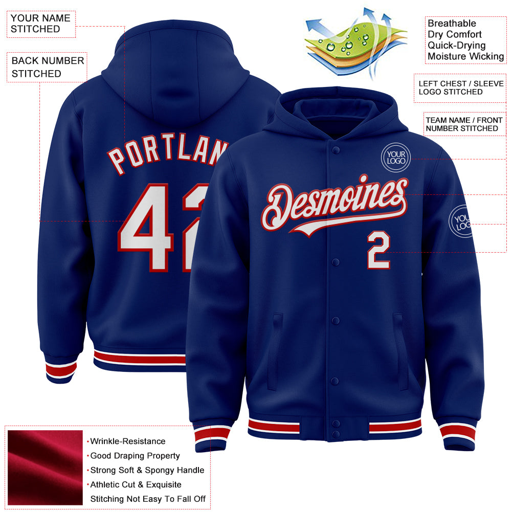 Custom Royal White-Red Bomber Full-Snap Varsity Letterman Hoodie Jacket