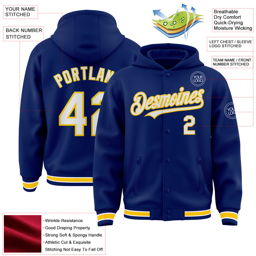 Custom Royal White-Yellow Bomber Full-Snap Varsity Letterman Hoodie Jacket