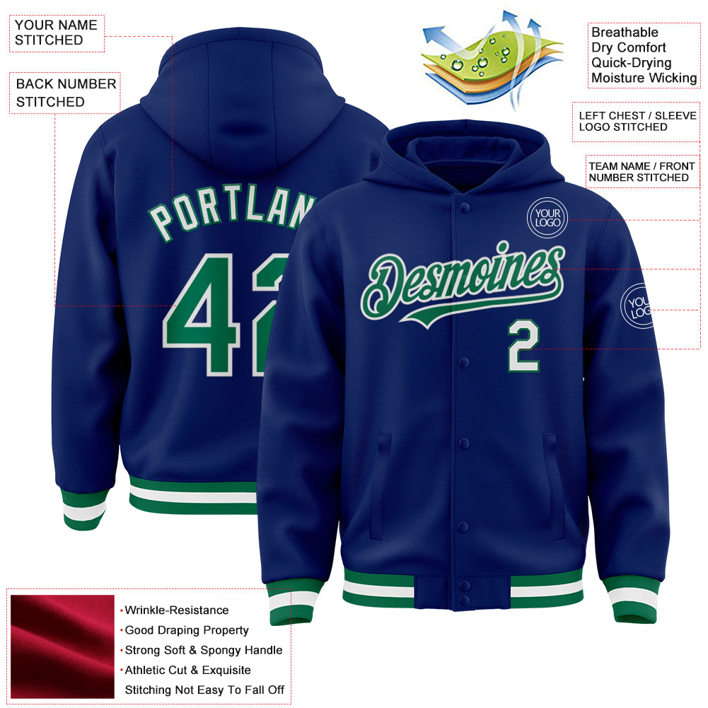 Custom Royal Kelly Green-White Bomber Full-Snap Varsity Letterman Hoodie Jacket