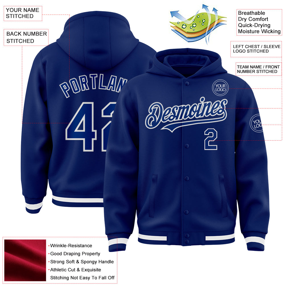 Custom Royal White Bomber Full-Snap Varsity Letterman Hoodie Jacket