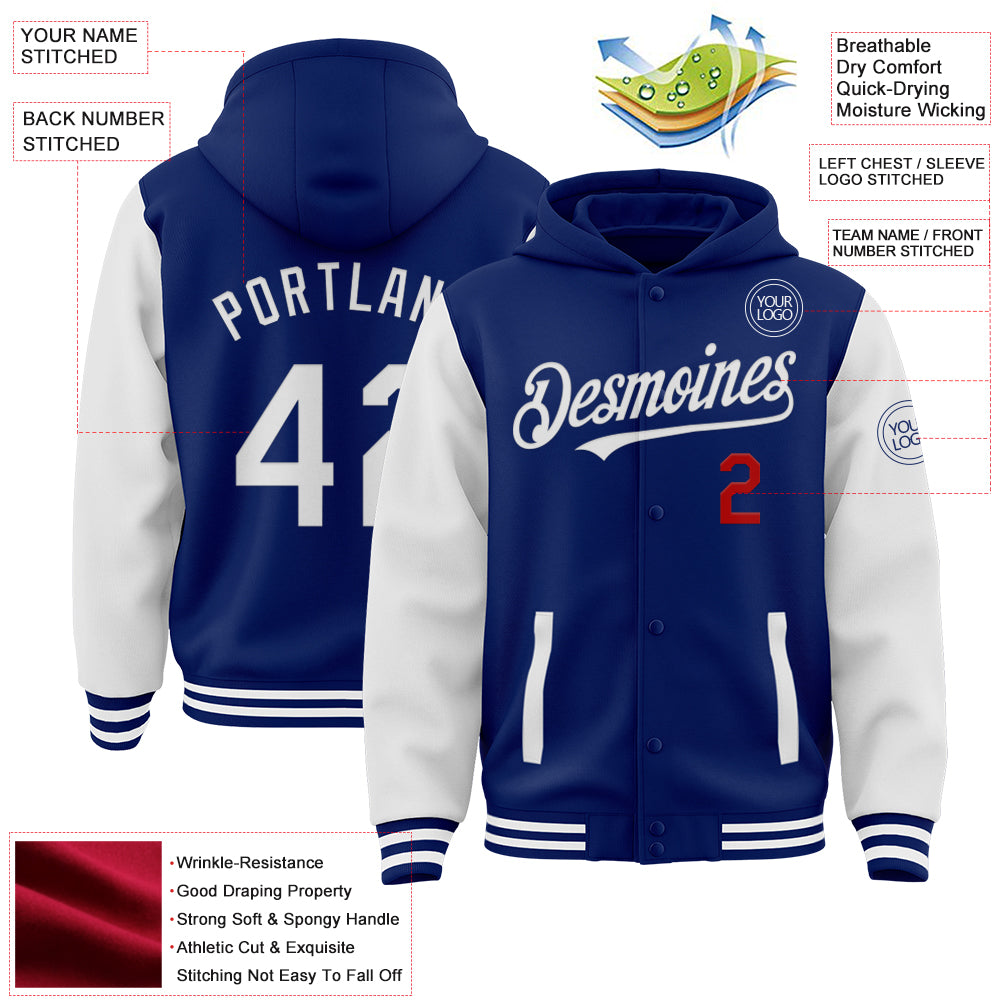 Custom Royal White-Red Bomber Full-Snap Varsity Letterman Two Tone Hoodie Jacket