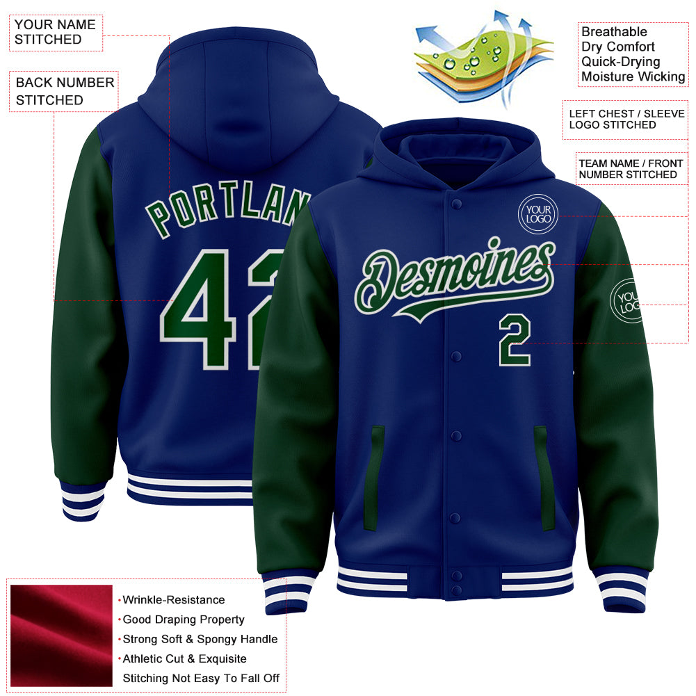 Custom Royal Green-White Bomber Full-Snap Varsity Letterman Two Tone Hoodie Jacket