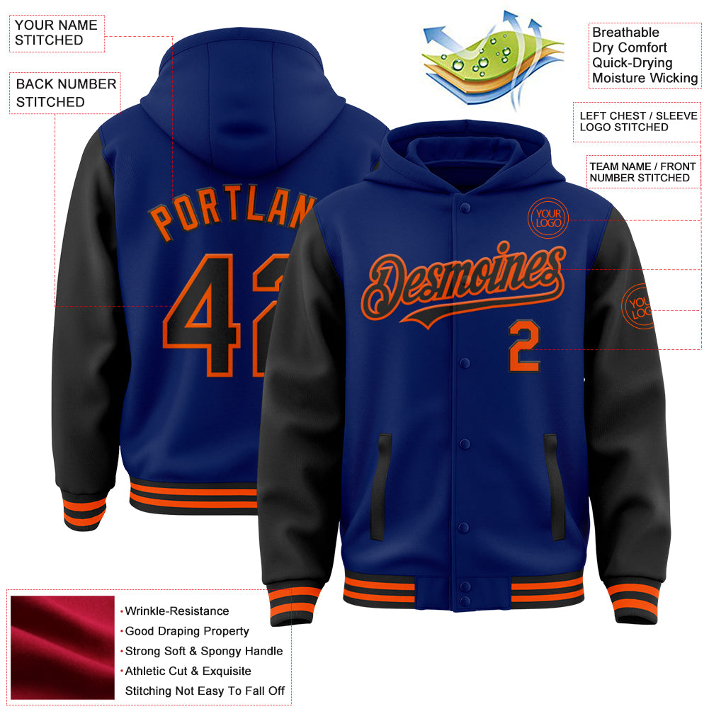 Custom Royal Black-Orange Bomber Full-Snap Varsity Letterman Two Tone Hoodie Jacket