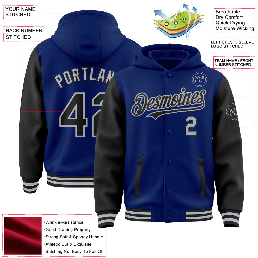 Custom Royal Black-Gray Bomber Full-Snap Varsity Letterman Two Tone Hoodie Jacket