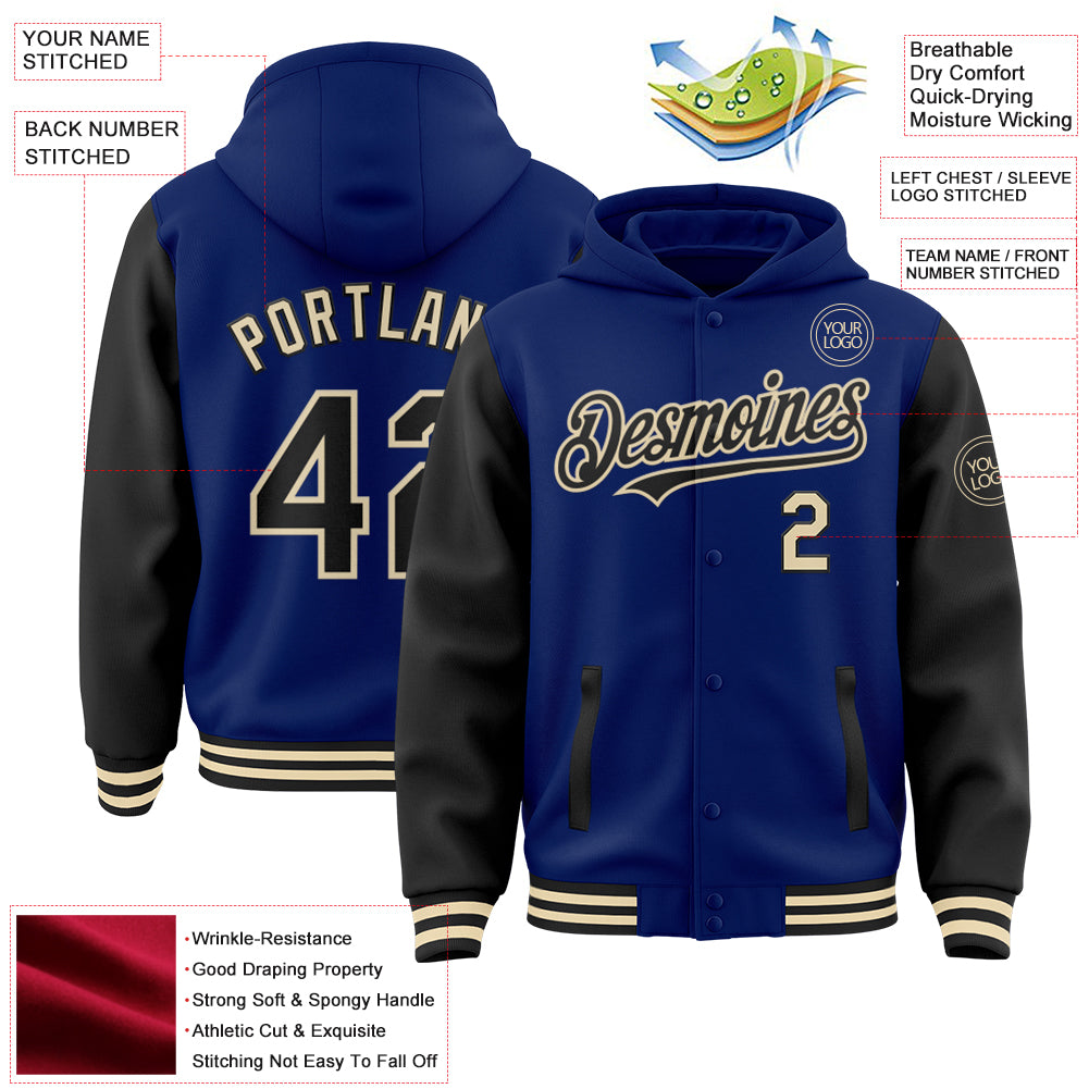 Custom Royal Black-Cream Bomber Full-Snap Varsity Letterman Two Tone Hoodie Jacket