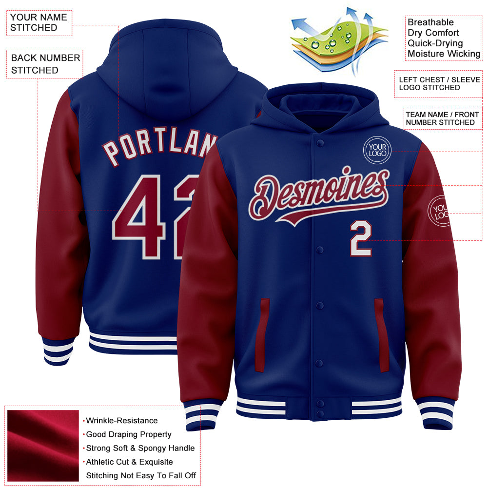 Custom Royal Crimson-White Bomber Full-Snap Varsity Letterman Two Tone Hoodie Jacket