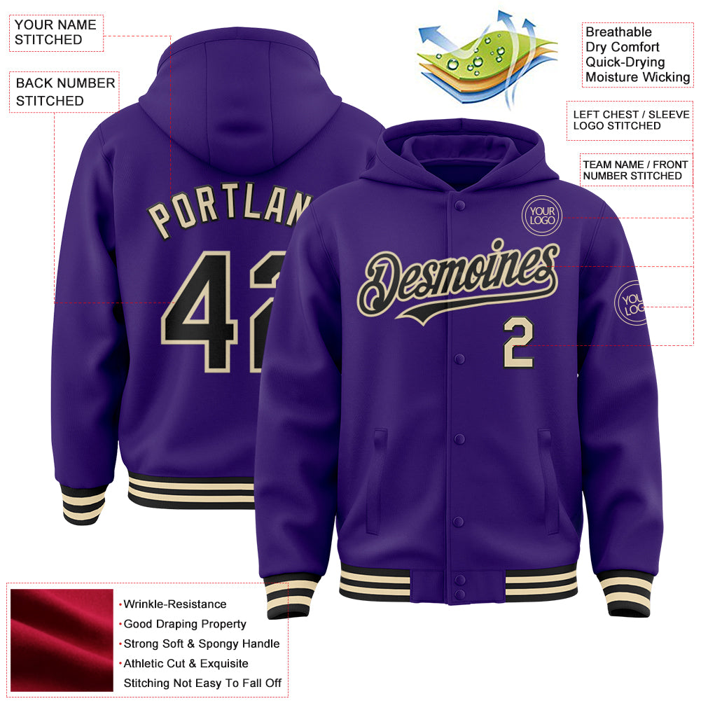 Custom Purple Black-Cream Bomber Full-Snap Varsity Letterman Hoodie Jacket