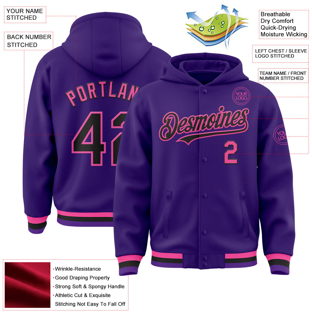 Custom Purple Black-Pink Bomber Full-Snap Varsity Letterman Hoodie Jacket